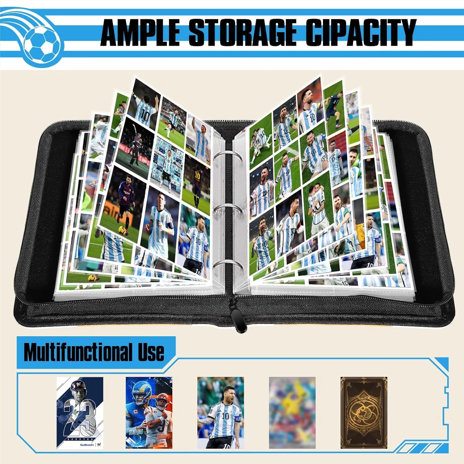 Soccer Card Binder 9 Pocket Gifts for Boys Girls, Waterproof 900 Pockets Card Holder Album with 50 Removable Sleeves for Trading Card - Binder Display Storage Carrying Case for Soccer Cards