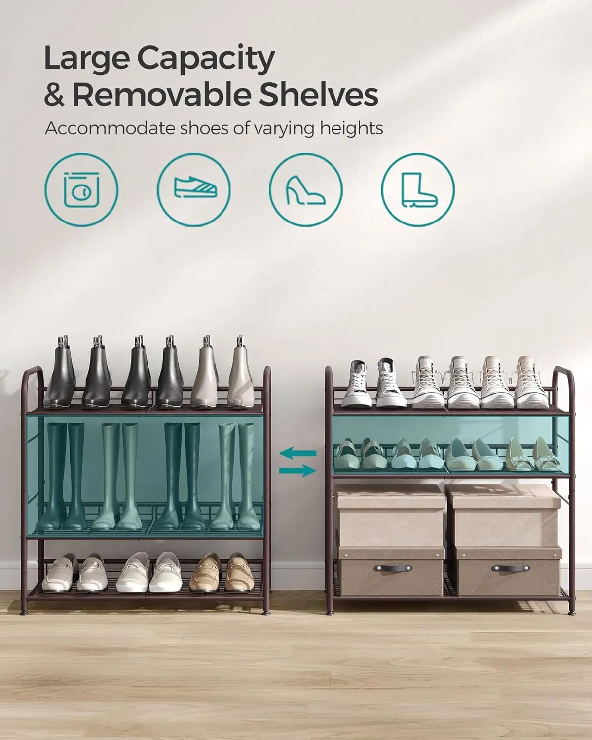 SONGMICS Stackable Shoe Rack, 4 Tier Metal Shoes Rack Storage Shelf, Holds up to 20 Pairs Shoes, Adjustable Slanted Shelves Tower Organizer for Closet Entryway Small Spaces, Bronze