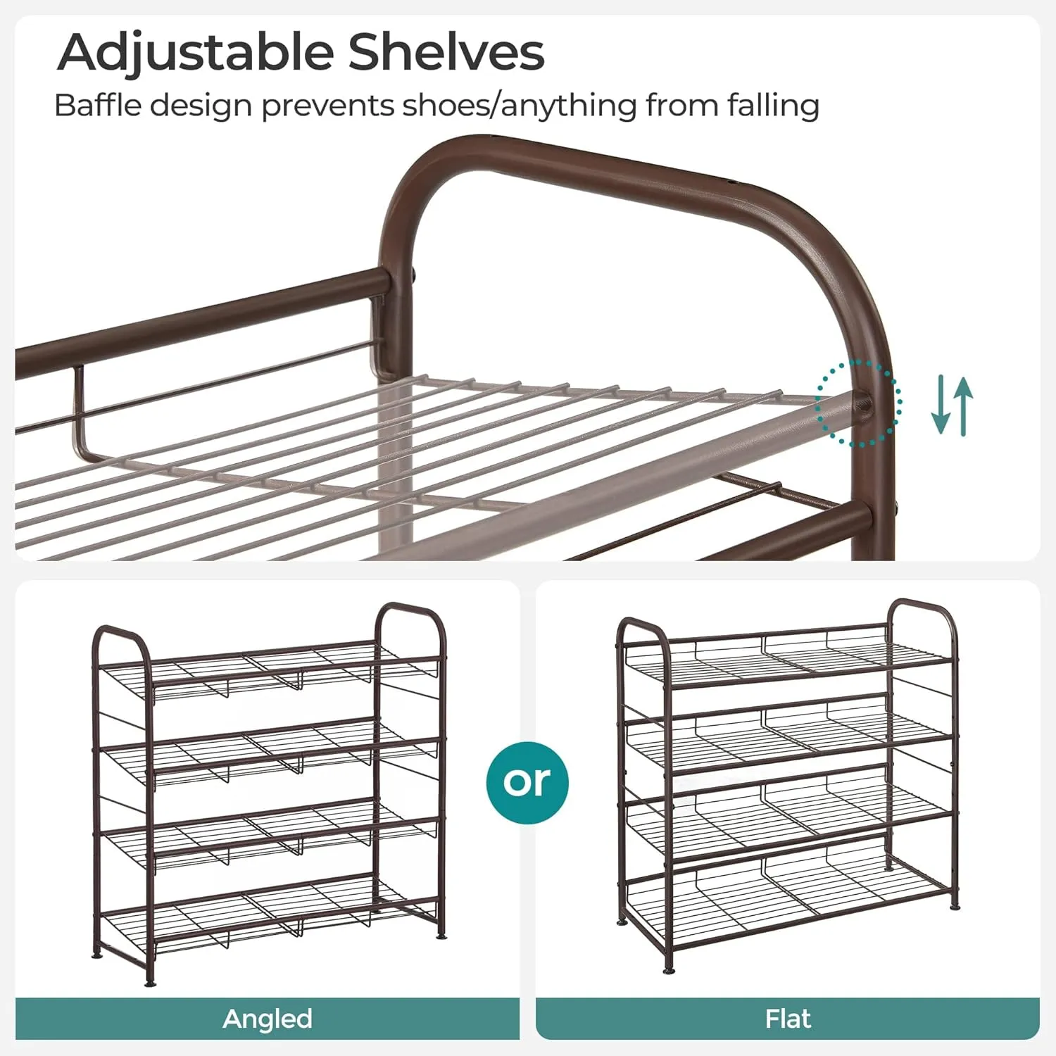 SONGMICS Stackable Shoe Rack, 4 Tier Metal Shoes Rack Storage Shelf, Holds up to 20 Pairs Shoes, Adjustable Slanted Shelves Tower Organizer for Closet Entryway Small Spaces, Bronze