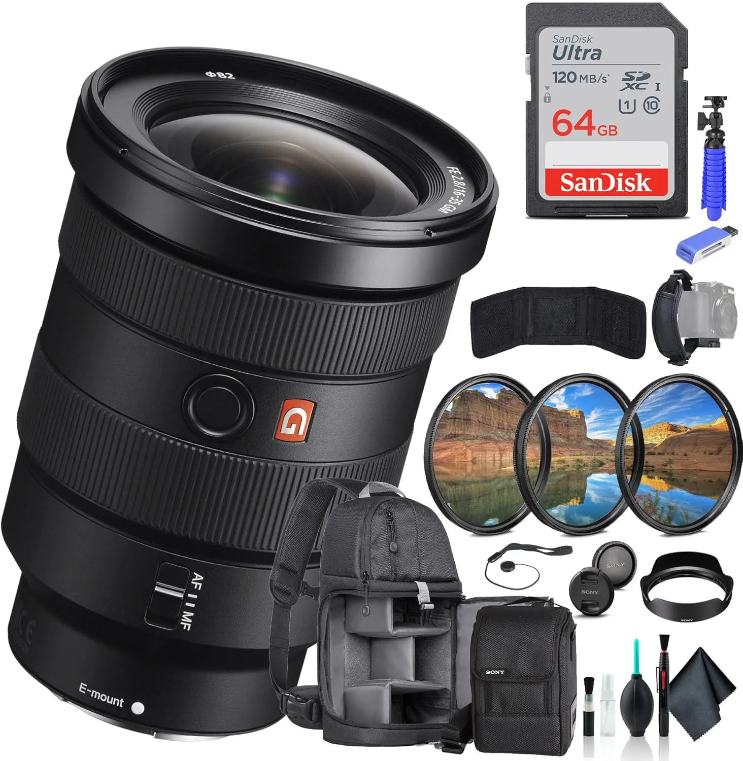 Sony FE 16-35mm f/2.8 GM Lens SEL1635GM, Filter Kit, Backpack, 64GB Card, Card Reader, Flex Tripod, Memory Card Wallet, Cap Keeper, Cleaning Kit, Hand Strap, and More
