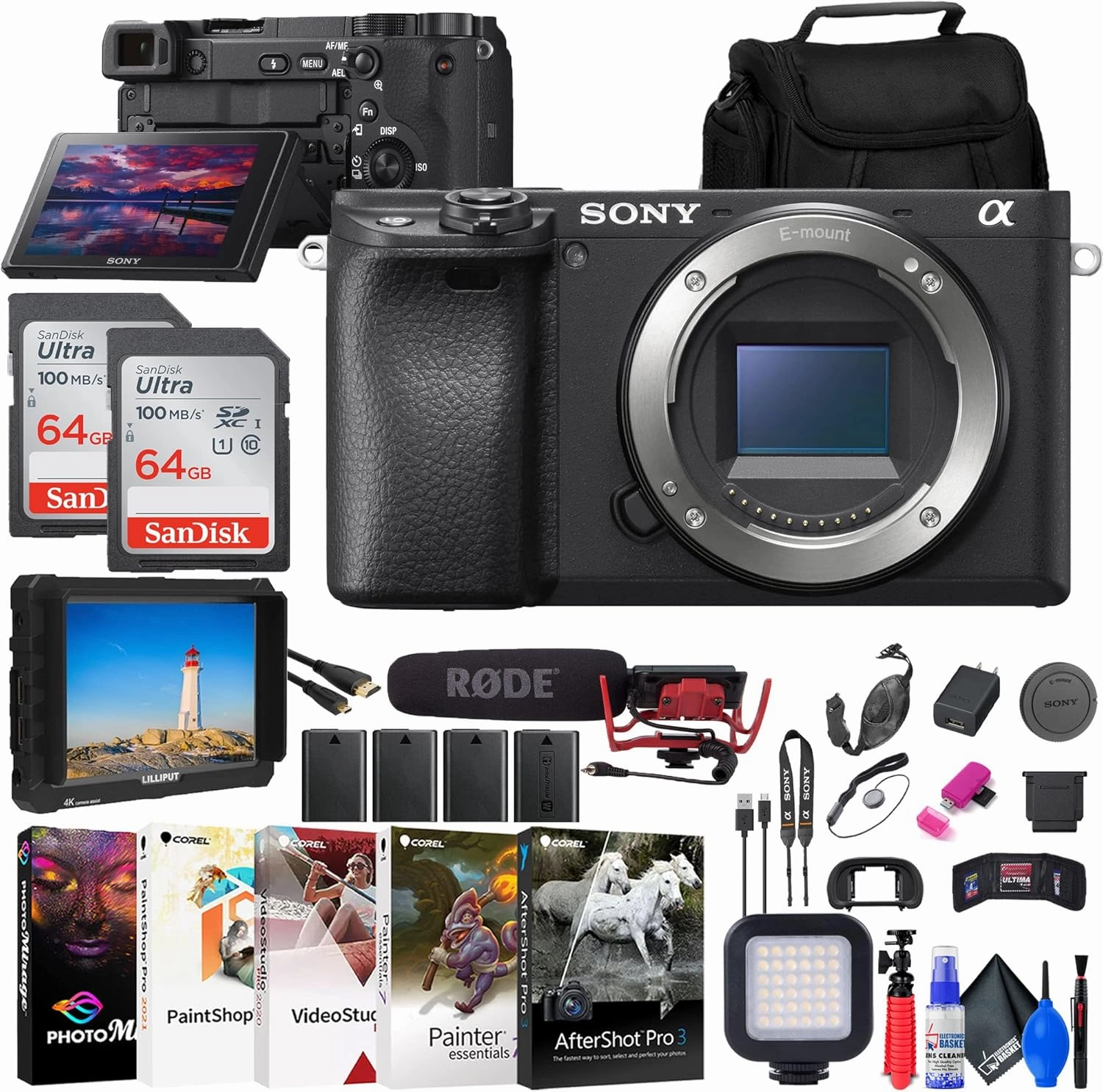 Sony a6400 Mirrorless Camera (ILCE-6400/B)   4K Monitor   Rode VideoMic   2 x 64GB Card   3 x NPF-W50 Battery   Card Reader   LED Light   Corel Photo Software   Case   More (Renewed)