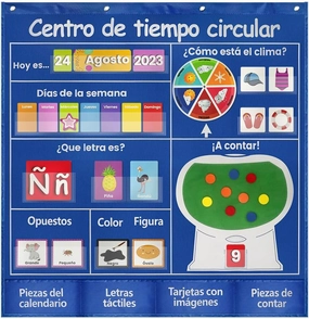 Spanish Circle Time Center Pocket Chart- 239 Laminated Flashcards (Days,Weather,Colors,Shapes,Opposites,Counting) 38x39 Inch Classroom Calendar Center for Preschool & Homeschool - Teaching Tool