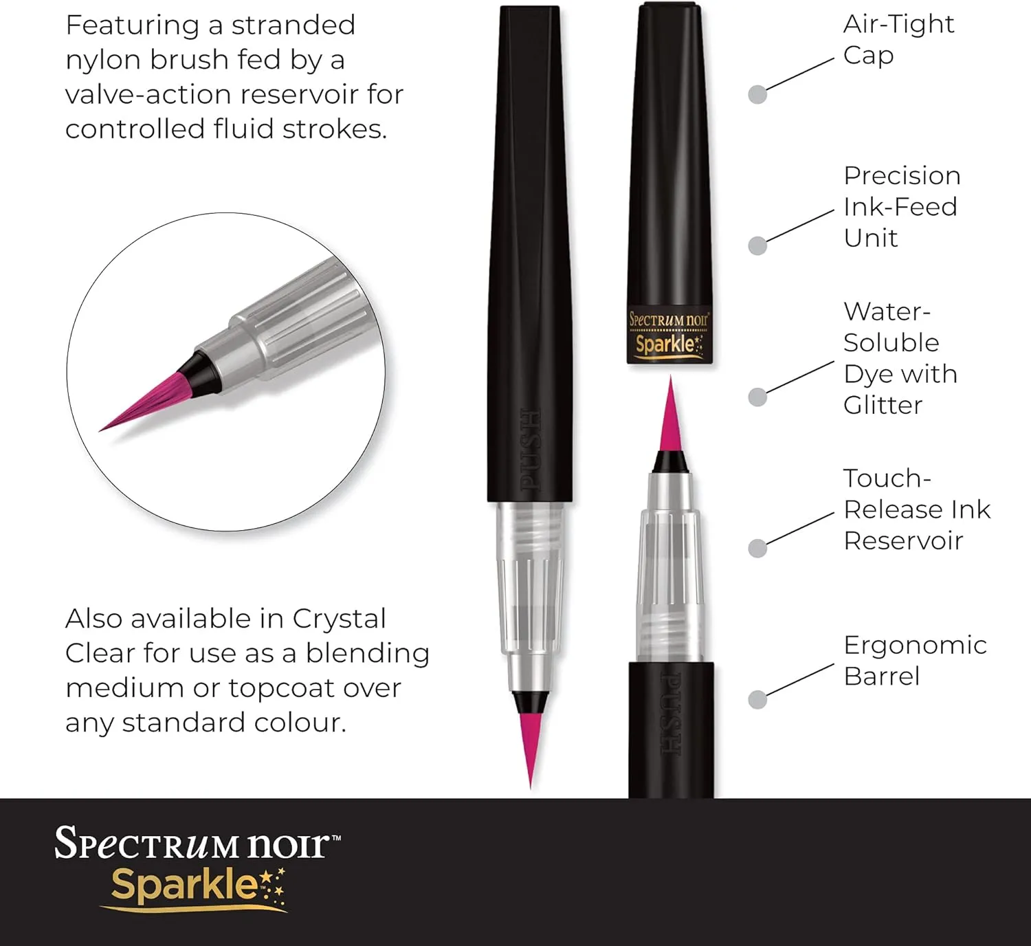 Spectrum Noir Sparkle Water-Based Fine Micro-Pigment Markers - Pack of 3 - Includes Flexible Brush Nib (Soft Pastels)