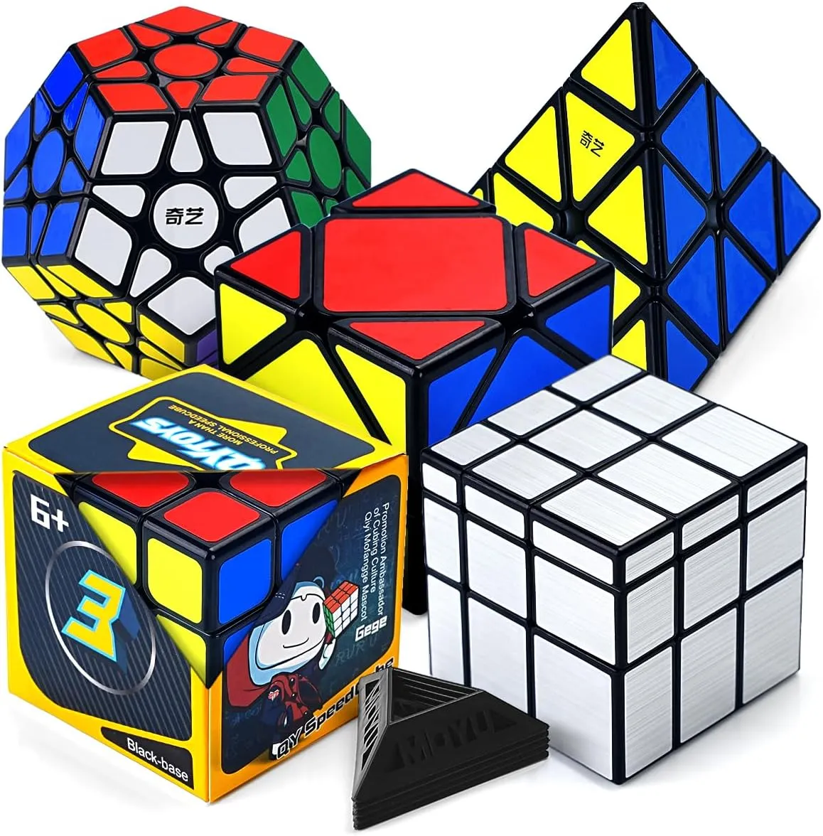 Speed Cube Set 5 Pack Black | Includes 3x3 Cube, Megaminx Cube, Pyraminx Cube, Mirror Cube, Skewb Cube | Puzzle Cube Bundle for Kids & Adults