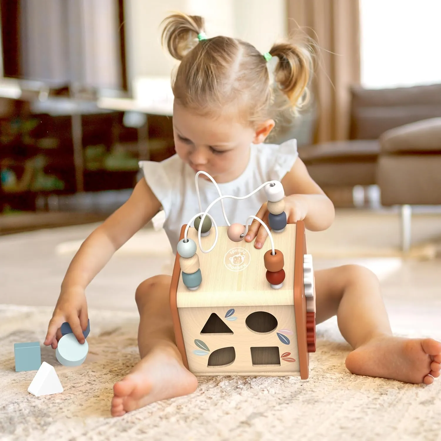 Speedy Monkey 5-in-1 Activity Cube, Educational Wooden Toy with Bead Maze, Shape Sorter, Gears, Puzzle & More, Develops Social, Communication & Numeracy Skills, Non-Toxic Paint, Ideal for Kids