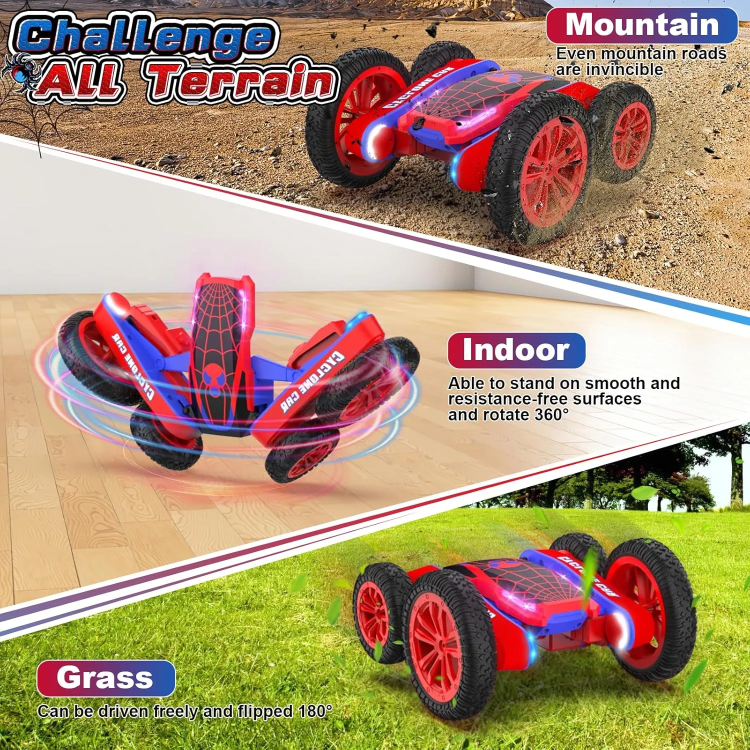 Spider Remote Control Car for Kids - 2.4Ghz Fast RC Stunt Cars, 360° Rotating 4WD RC Crawler with Lights, Rechargeable Car Toy for Boys Ages 6 7 8 9 10 Birthday Black&Red