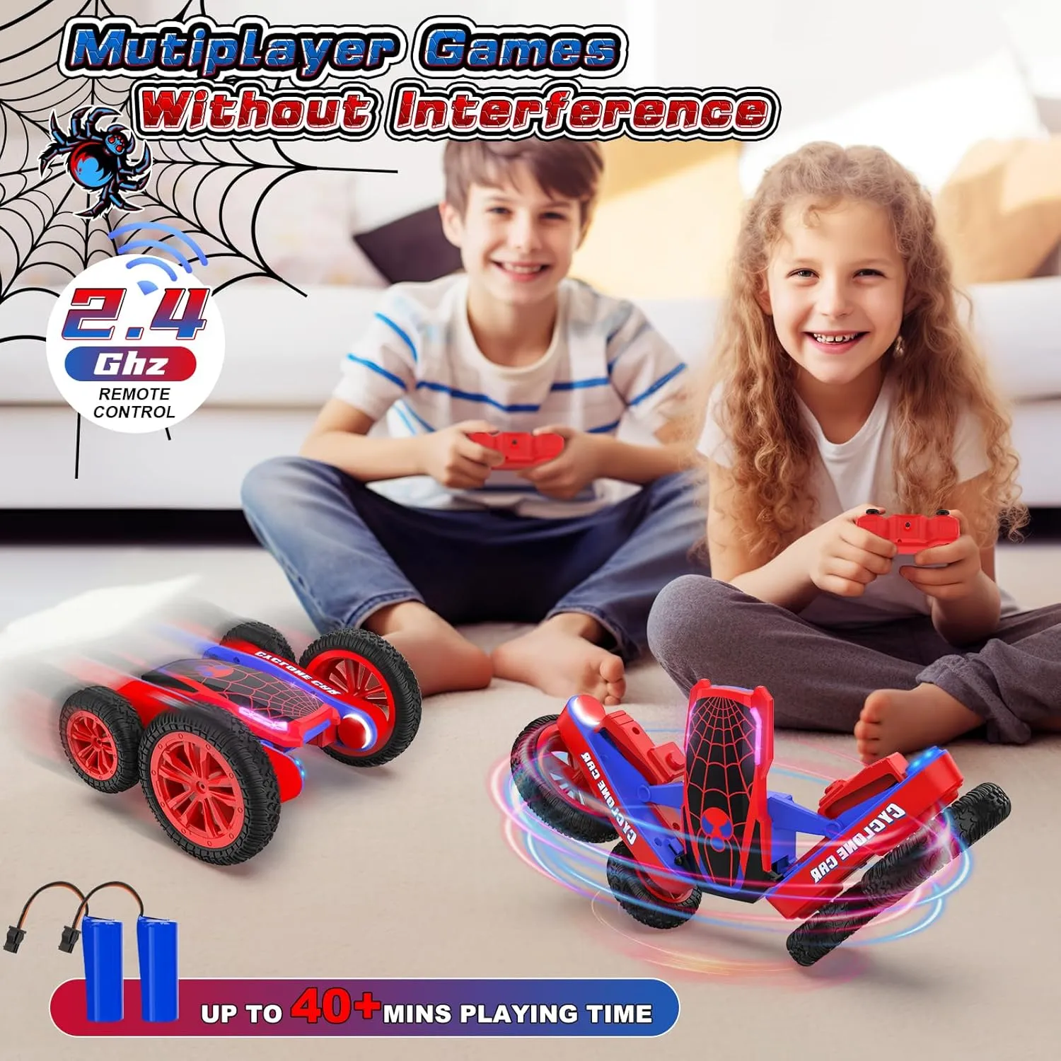 Spider Remote Control Car for Kids - 2.4Ghz Fast RC Stunt Cars, 360° Rotating 4WD RC Crawler with Lights, Rechargeable Car Toy for Boys Ages 6 7 8 9 10 Birthday Black&Red