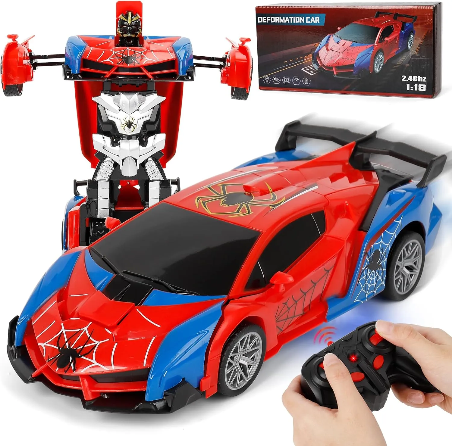 Spider Toy Car Party Favors for 1:18 Scale Transforming Robot One-Button Deformation 360° Rotation Car Toy Birthday Boys Girls Classroom Gifts Out Door Indoor Party Favor