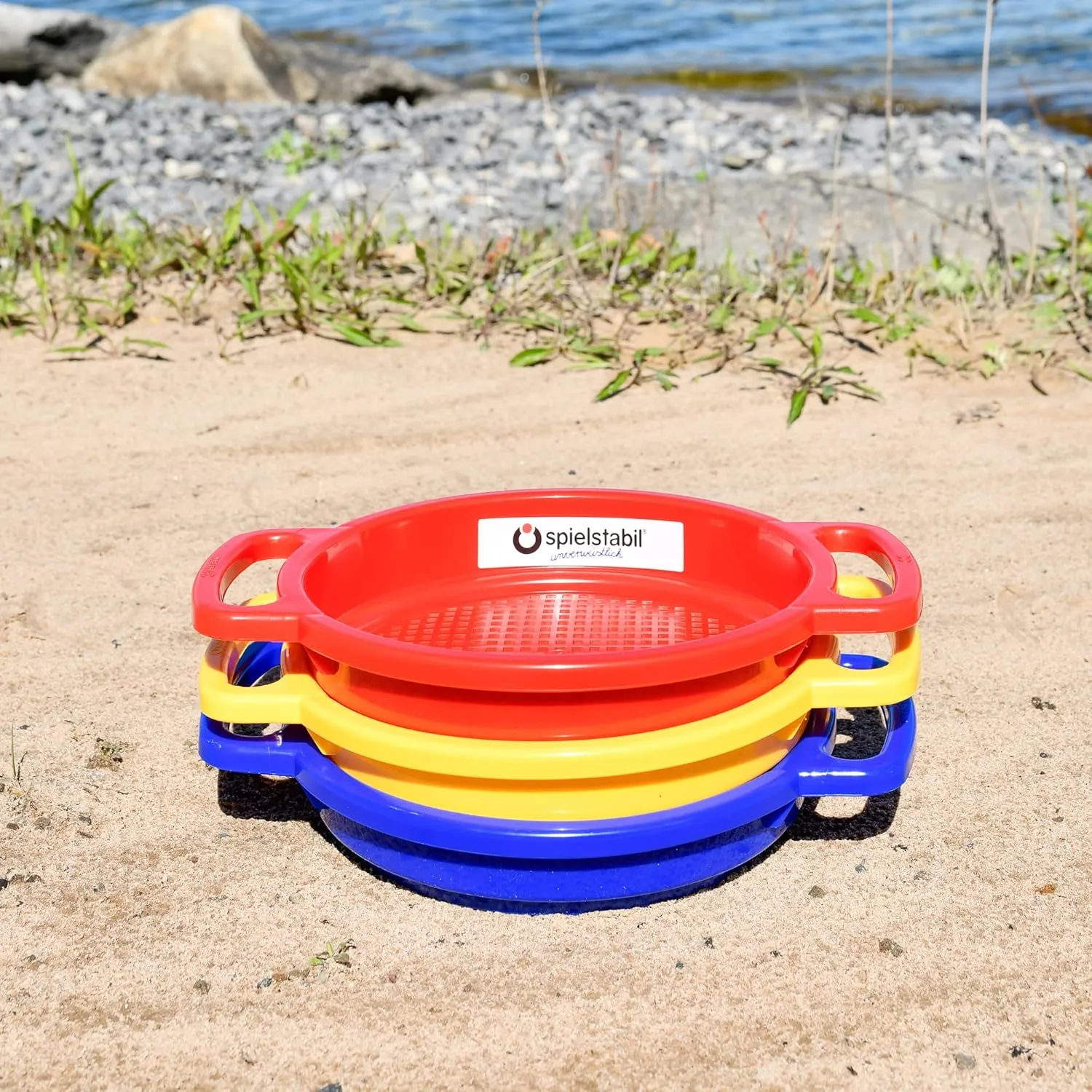 Spielstabil 3 Pack Large Sand Sieve Beach Toy (1 Red, 1 Yellow, 1 Blue) - Made in Germany