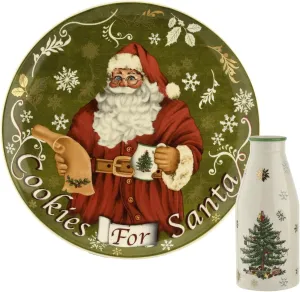 Spode Christmas Tree Plate and Bottle Set (2-Piece) - 8.5" Porcelain Cookies for Santa Plate & 10 Oz Holiday-Themed Jug, Dishwasher Safe Festive Collectible Seasonal Gift Set