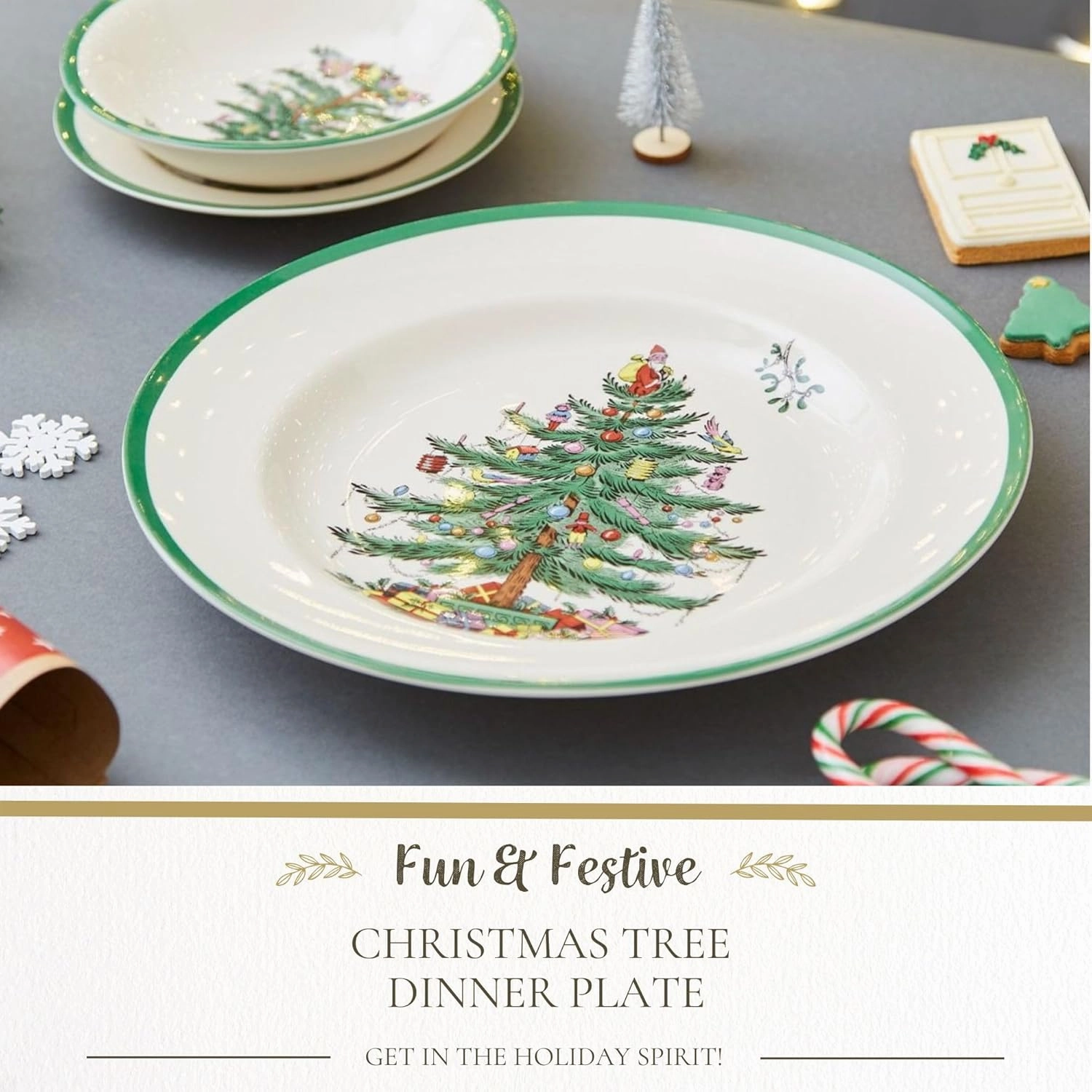 Spode Christmas Tree 10.5" Dinner Plate - Festive Holiday Stoneware Plate with Christmas Tree Design, Green Bordered Edges, Microwave, Dishwasher, Freezer, Oven Safe - Collectible Holiday Tableware