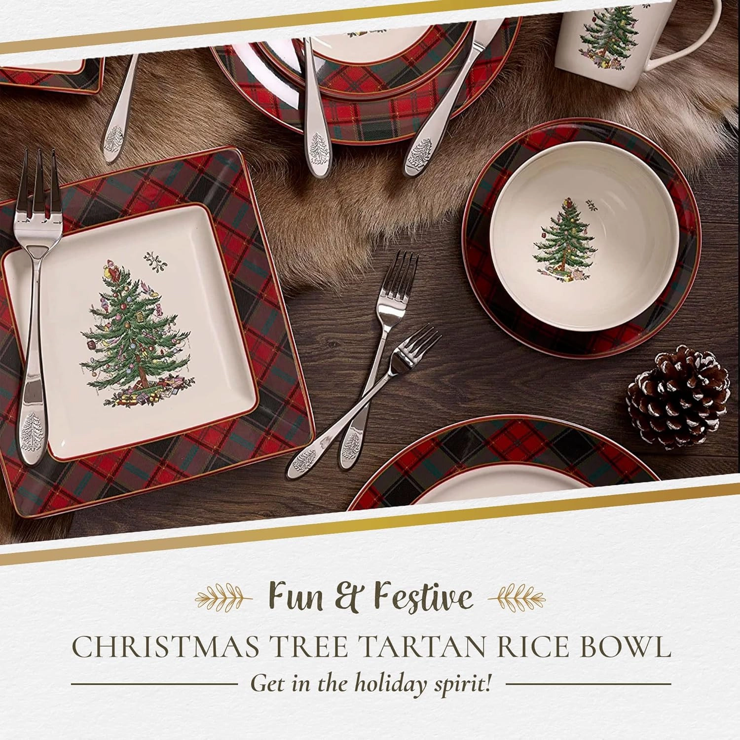 Spode Christmas Tree 6-Inch Rice Bowl, Set of 4 - Round Ceramic Bowls for Soup, Stews, Frozen Meals, and Sticky Rice - Christmas Tableware - Durable, Dishwasher, Microwave Safe - Holiday Entertainment