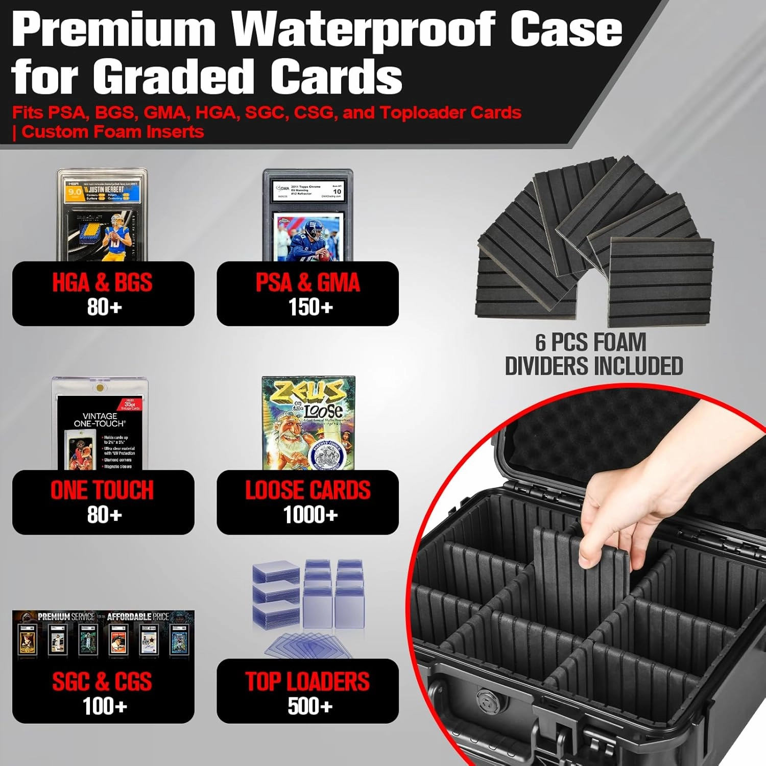 Sports Card Case Storage Box: Trading Cards Storage Box for PSA Graded Cards Holder and Top Loaders, Baseball Sport Card Storage Boxes, Waterproof Hard Case with 6 Dividers for Top Loaders Card (500 )