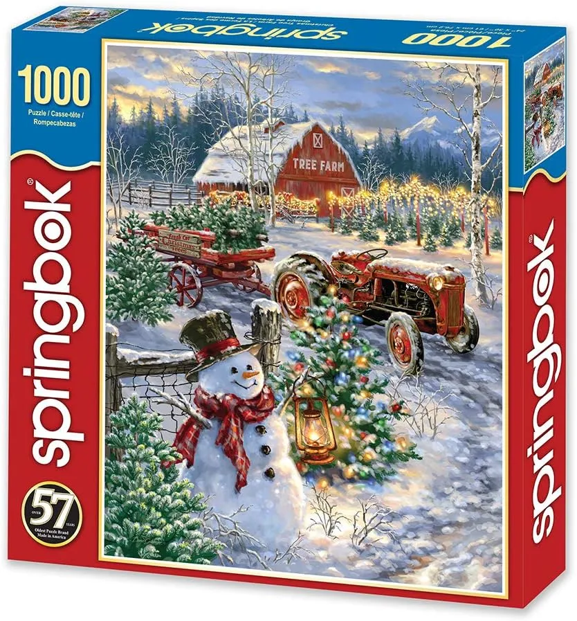 Springbok - Christmas Tree Farm - 1000 Piece Jigsaw Puzzle Featuring a Holiday Christmas Tree Farm lit for The Holidays