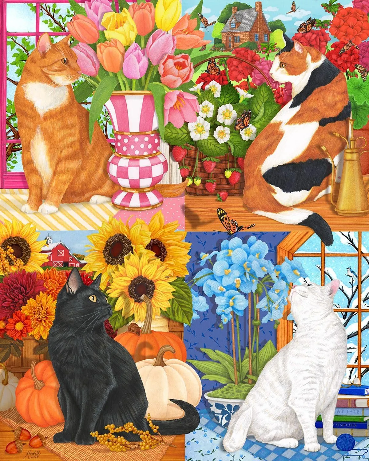 Springbok Four Seasons of Cats 1000 Piece Jigsaw Puzzle for Adults- Enjoy All Four Seasons of Cats with This Colorful Illustration - Unique Cut Pieces
