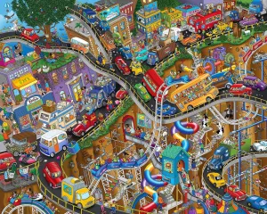 Springbok - Getting Away - 1000 Piece Jigsaw Puzzle- Cartoon Illustration of Transportation to Challenge Your Brain