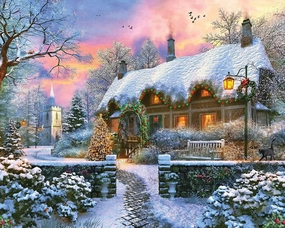 Springbok - Christmas Cottage - 1000 Piece Jigsaw Puzzle Illustration of Snow Covered Cottage Decorated for The Holidays