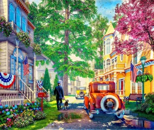 Springbok's 4th of July Walk 1000 Piece Jigsaw Puzzle for Adults is a Nostalgic Image from an Iconic Neighborhood Decorated for The 4th of July- Made in The USA