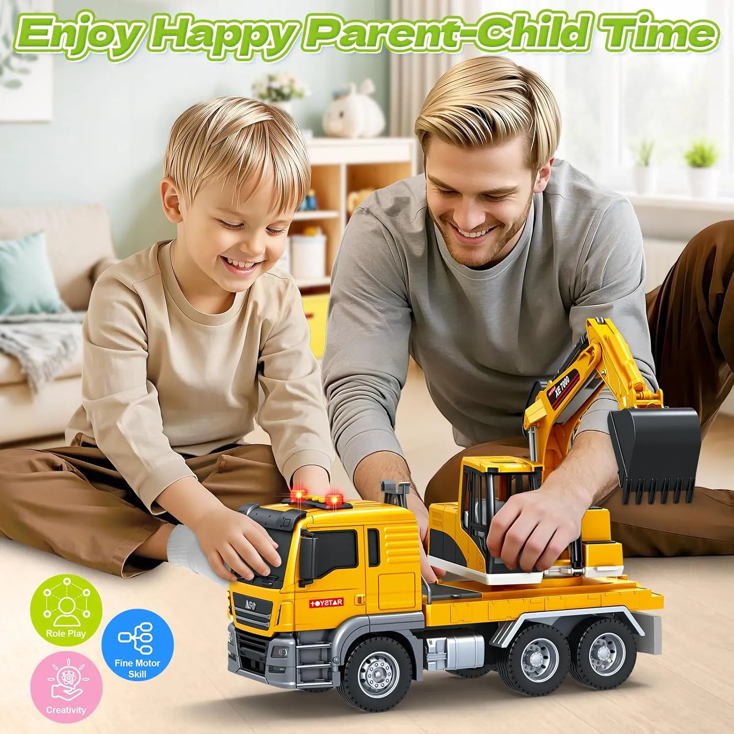 SpringFlower Large Excavator Truck Toy, 3 4 5 6 Year Old Boys Toddlers Toy Truck, Lights & Sounds Toy Excavator for Boys Age 4-7, Kids Toddles Birthday for Kids