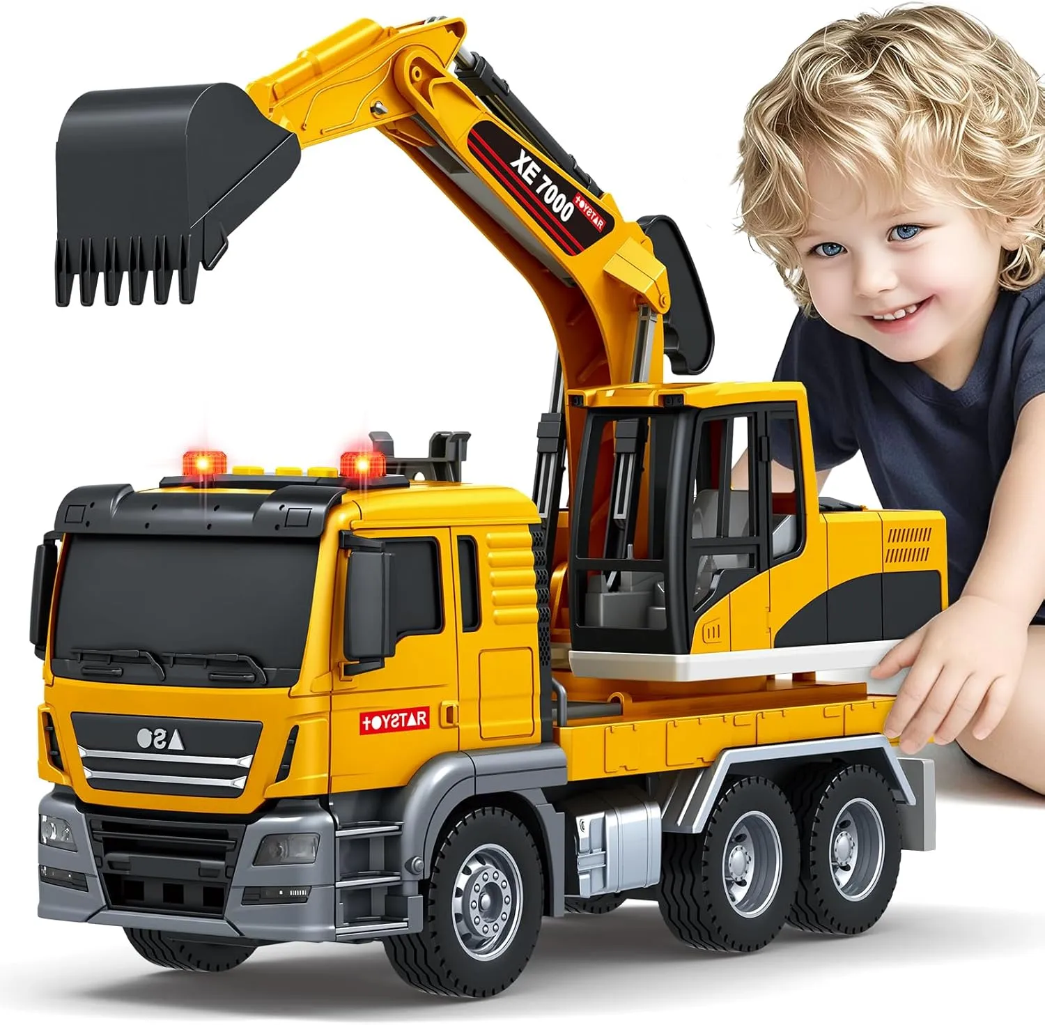SpringFlower Large Excavator Truck Toy, 3 4 5 6 Year Old Boys Toddlers Toy Truck, Lights & Sounds Toy Excavator for Boys Age 4-7, Kids Toddles Birthday for Kids