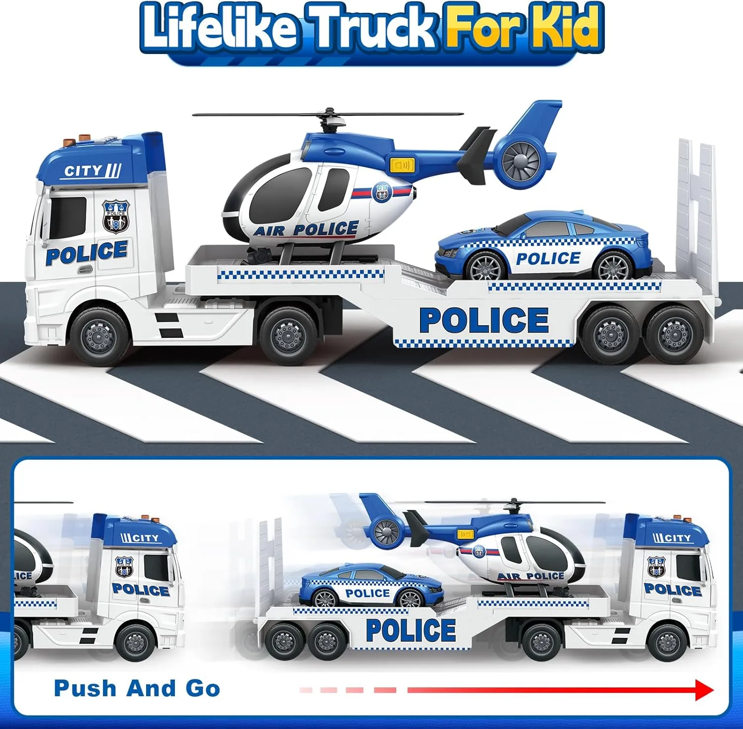 SpringFlower Toddler Boy Toys, 25" Large Police Truck Toy with Racing Car and Helicopter,3 in 1 Police Car Boy Toy, Christmas Birthday Gifts for Kids 3 4 5 6 Years Old