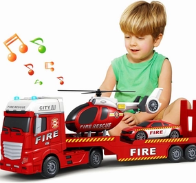 SpringFlower Large Fire Truck Toy with Racing Car and Helicopter, 3 in 1 Lights & Sounds, Christmas & Birthday Gift for Kids 3-6 Years