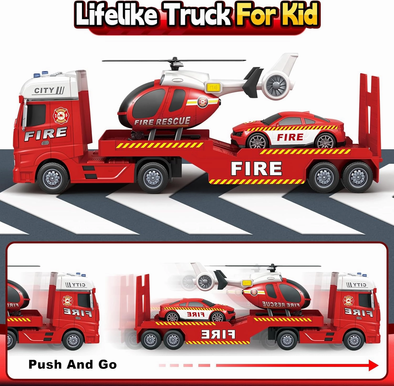 SpringFlower Large Fire Truck Toy with Racing Car and Helicopter, 3 in 1 Lights & Sounds, Christmas & Birthday Gift for Kids 3-6 Years