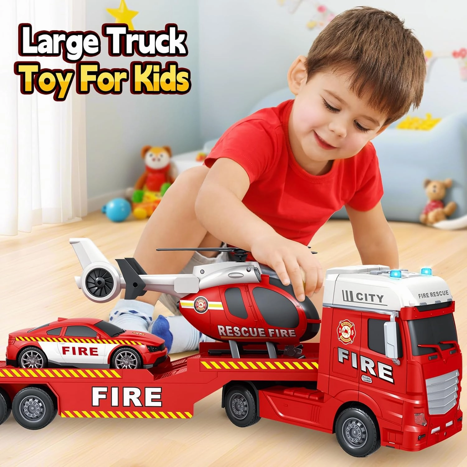SpringFlower Large Fire Truck Toy with Racing Car and Helicopter, 3 in 1 Lights & Sounds, Christmas & Birthday Gift for Kids 3-6 Years
