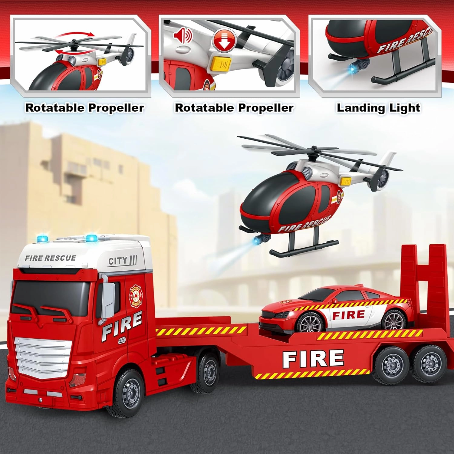 SpringFlower Large Fire Truck Toy with Racing Car and Helicopter, 3 in 1 Lights & Sounds, Christmas & Birthday Gift for Kids 3-6 Years
