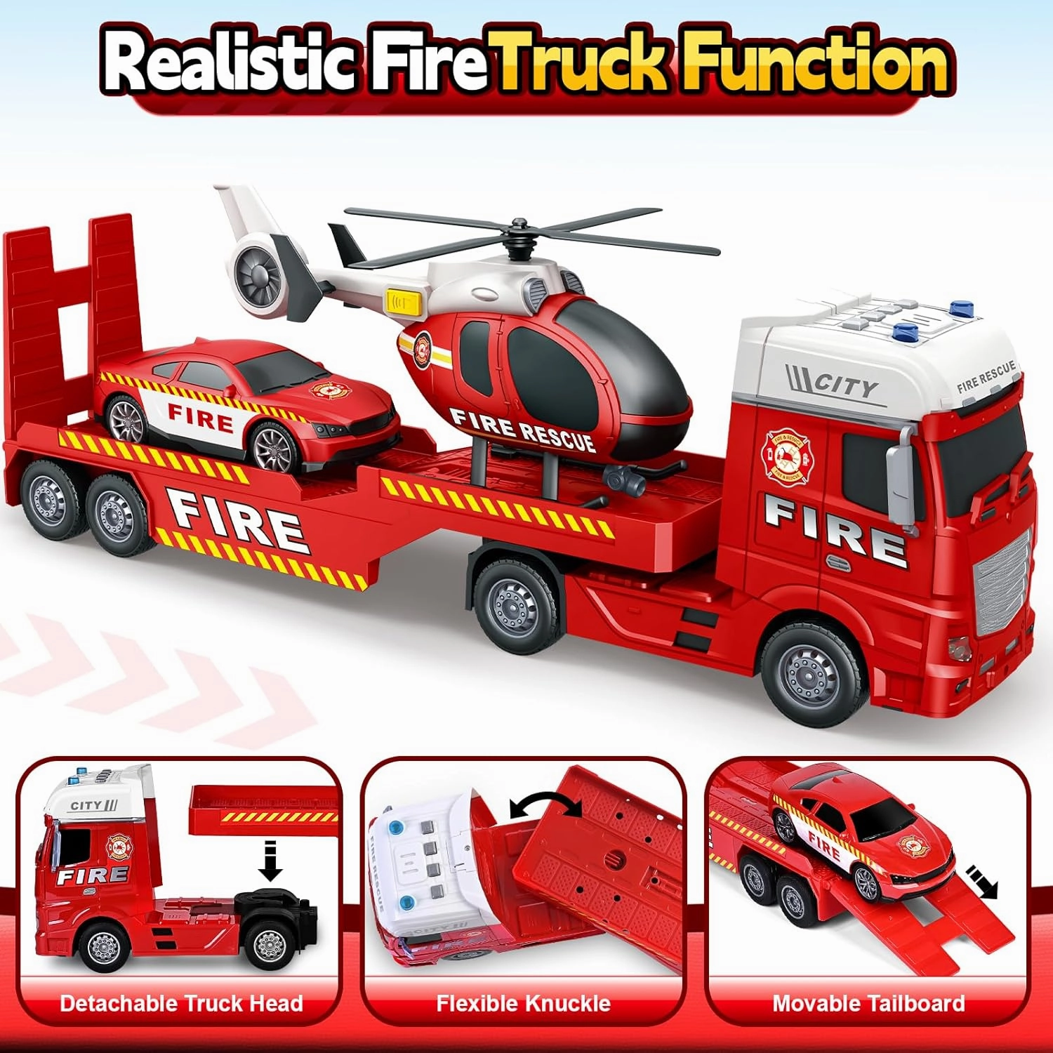 SpringFlower Large Fire Truck Toy with Racing Car and Helicopter, 3 in 1 Lights & Sounds, Christmas & Birthday Gift for Kids 3-6 Years