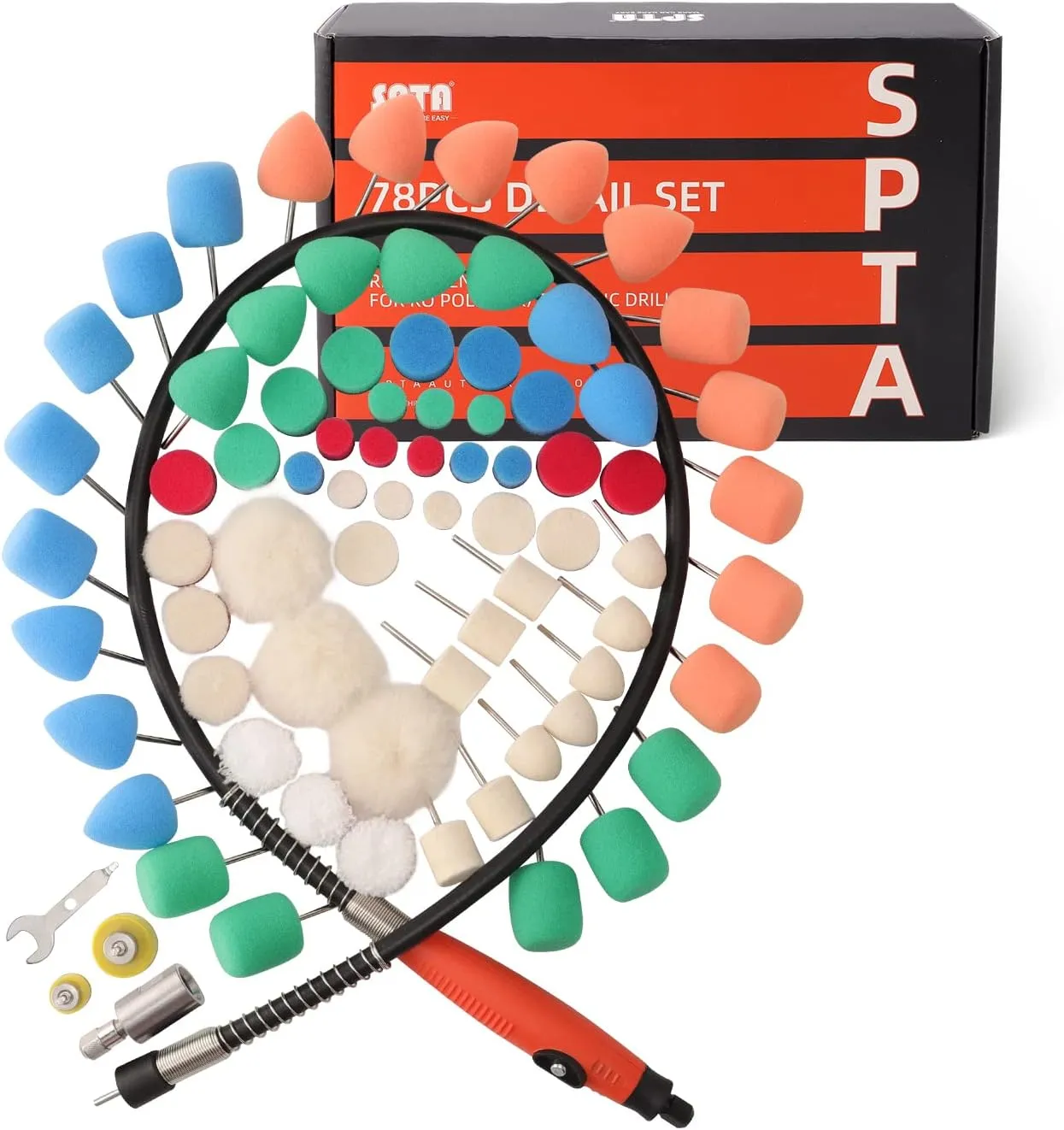 SPTA 77Pcs Mini Detail Polishing Pads Polisher with Assorted Foam Pad Kit Used on Rotary Tools/Polisher, Electric Drill for RMetal Aluminum, Stainless Steel, Chrome, Jewelry, Plastic, Ceramic, Glass