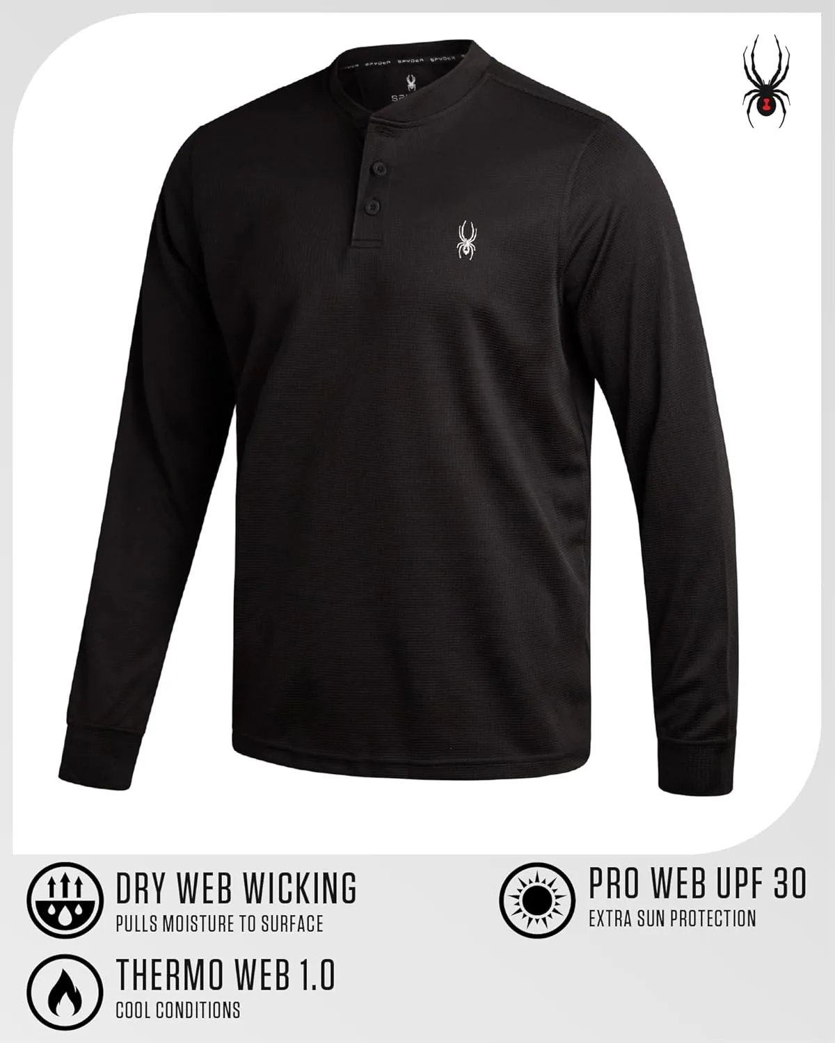 Spyder Mens Thermal Long Sleeve Shirt - Moisture Wicking Henley Shirts for Men with UP 30 Dri Fit Long Sleeve Shirts for Men