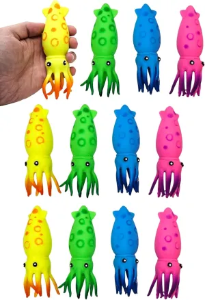 Squish and Stretch Squid (12 Pack) (6 Inch) Rubber Squeeze Fidget Toy Includes Green, Pink, Yellow, and Blue (12)