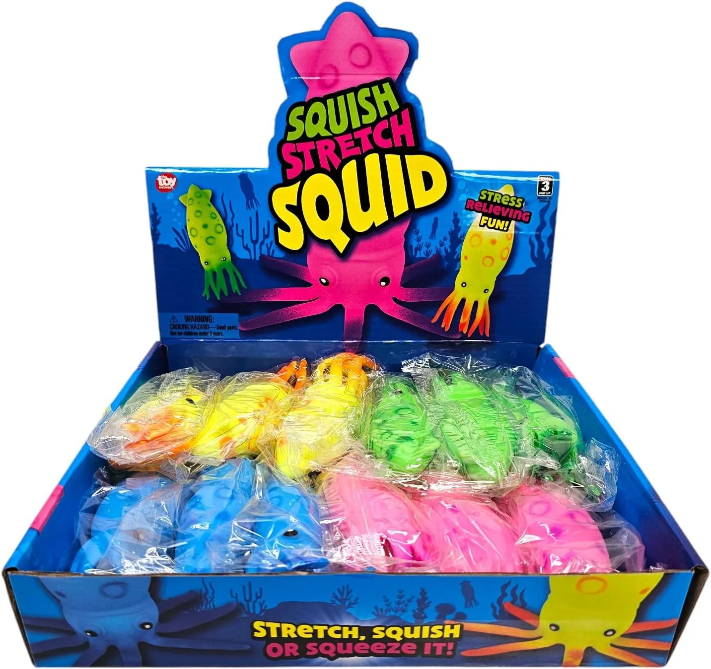 Squish and Stretch Squid (12 Pack) (6 Inch) Rubber Squeeze Fidget Toy Includes Green, Pink, Yellow, and Blue (12)
