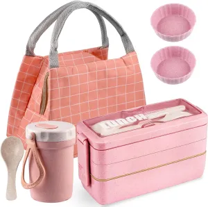 Stackable Bento Box with Lunch Bag, 3 Compartment Japanese Lunch Containers, Wheat Straw, All-in-1 Bento Lunch Box Kit for Adults Meal Prep Lunch Snack by Iteryn