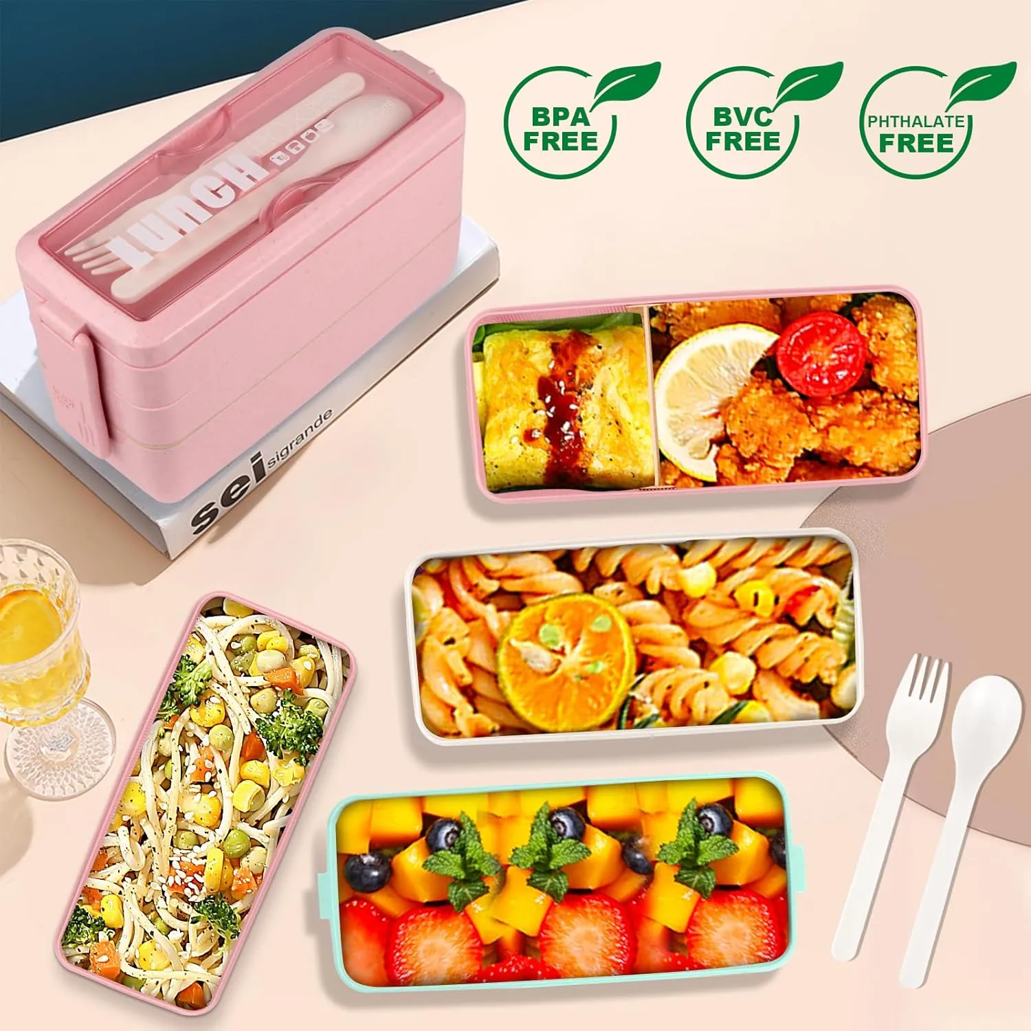 Stackable Bento Box with Lunch Bag, 3 Compartment Japanese Lunch Containers, Wheat Straw, All-in-1 Bento Lunch Box Kit for Adults Meal Prep Lunch Snack by Iteryn