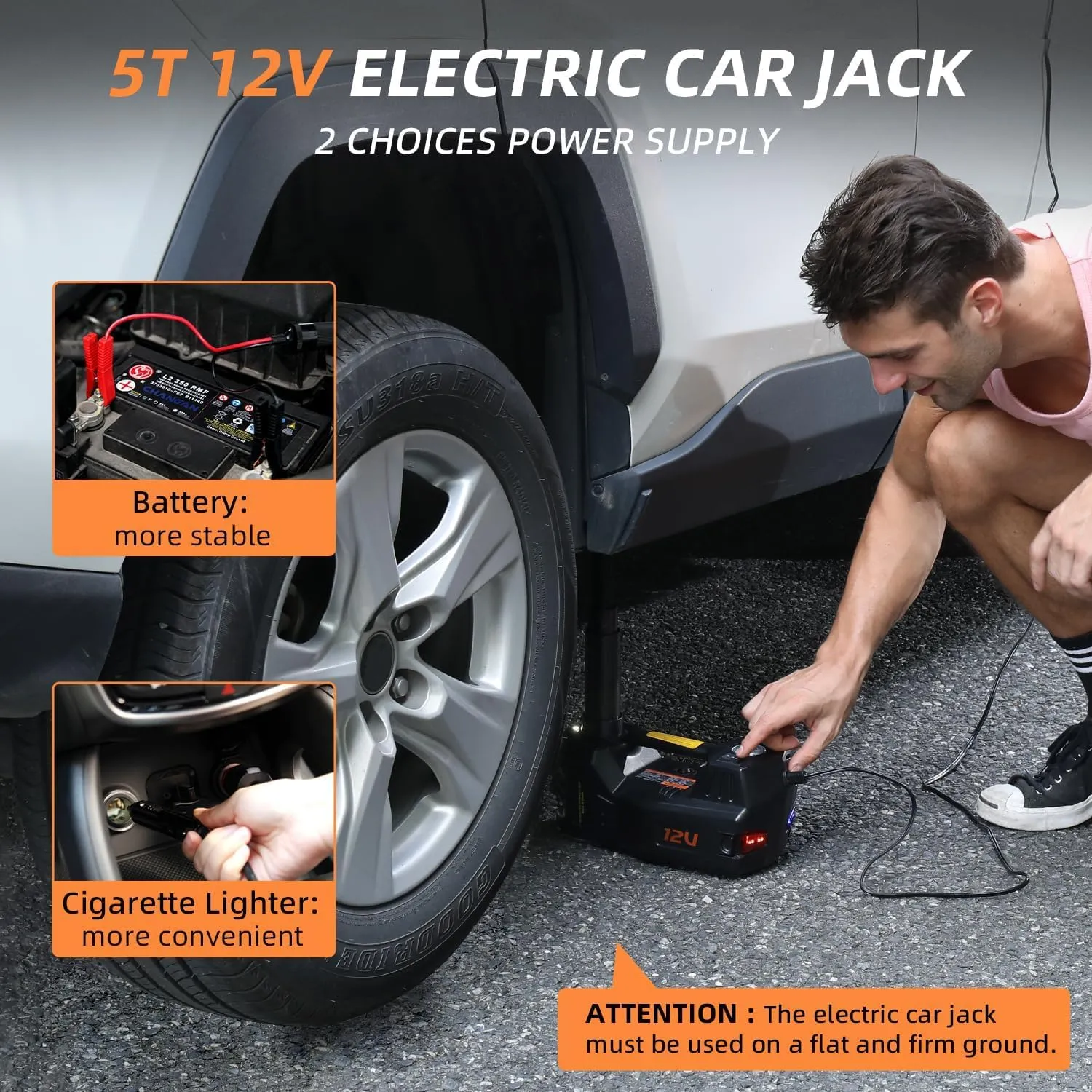STANDTALL Electric Car Jack with Tire Imflator Pump, 5 Ton 12V Floor Jack Hydraulic,Electric Hydraulic Jack Black with LED Light for SUVs and Sedans