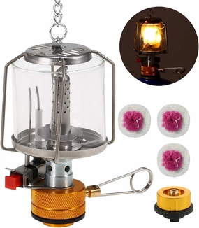 Steam lamp,YIWENG Outdoor Portable Camping Gas Lantern Piezo Ignition Mini Gas Tent Lamp Light with 3 Mantles and Adapter