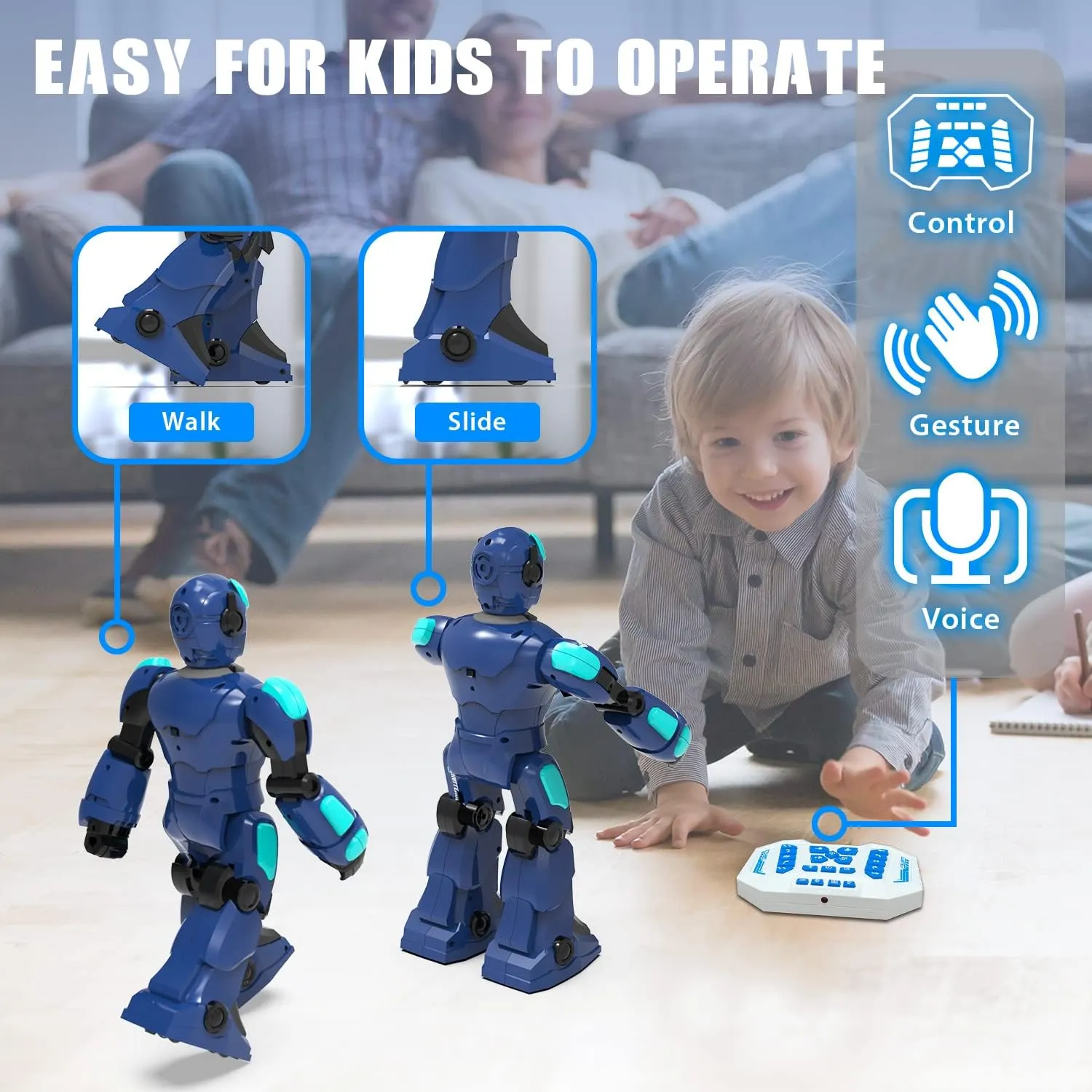 STEMTRON Robot Toys for Kids, Programmable Remote Control Robot with Gesture Sensing, Voice Control & LED Face, 15 3/4" (Blue)