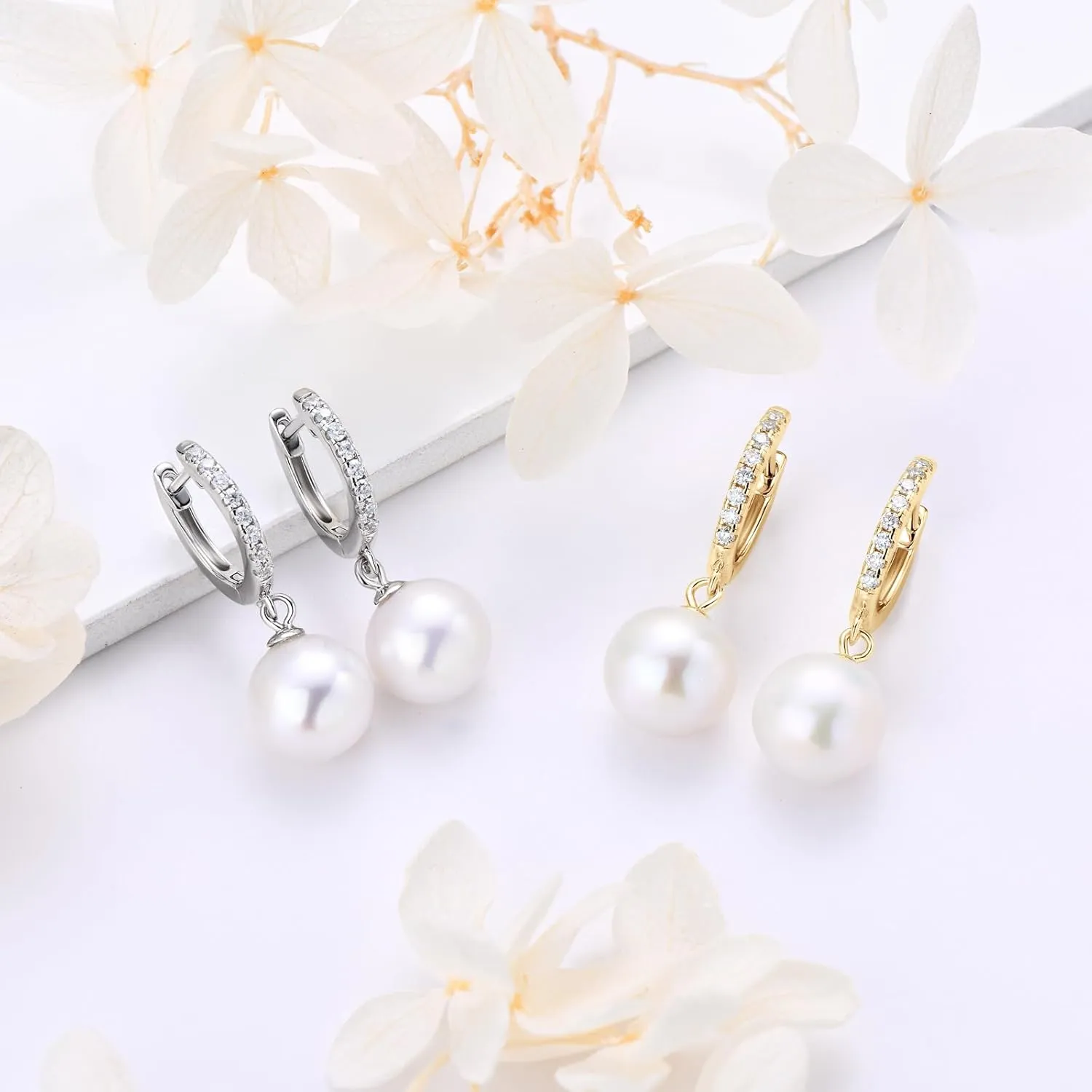 Sterling Silver Pearl Drop Earrings Freshwater Cultured Pearl Hoop Earrings Moissanite Jewelry Gifts for Women