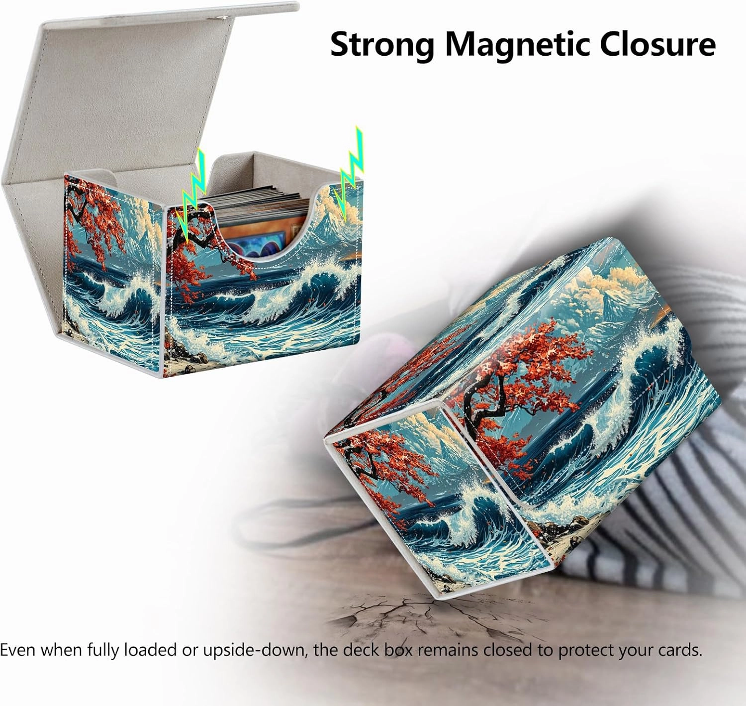 Strong Magnet Card Case Deck Box Mtg Card Box Playing Card Box Magic Deck Box Tcg Up to 200 Cards Creative Pattern Trading Card Storage Box for Collectible Card Games, Great Wave Beach Towel