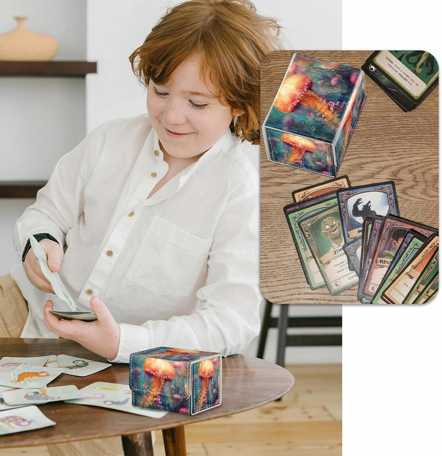 Strong Magnet Case Deck Box Mtg Card Box Playing Card Box Magic Deck Box Tcg Up to 200 Cards Creative Pattern Trading Card Storage Box for Collectible Card Games, Yellow Cute Jellyfish