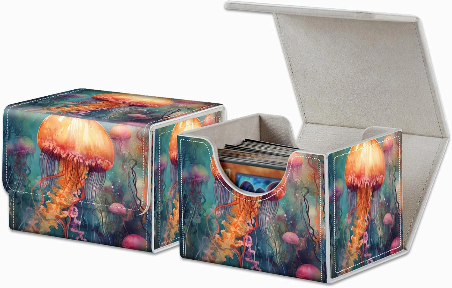 Strong Magnet Case Deck Box Mtg Card Box Playing Card Box Magic Deck Box Tcg Up to 200 Cards Creative Pattern Trading Card Storage Box for Collectible Card Games, Yellow Cute Jellyfish