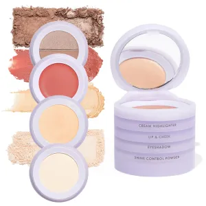 Subtl Beauty 4-in-1 Travel Makeup Kit by Subtl Staks | Eyeshadow Duo, Shine Control Powder, Cream Highlighter, Lip and Cheek | Includes Mirror Lid and Mini Brush | Stackable Makeup Designed for Travel