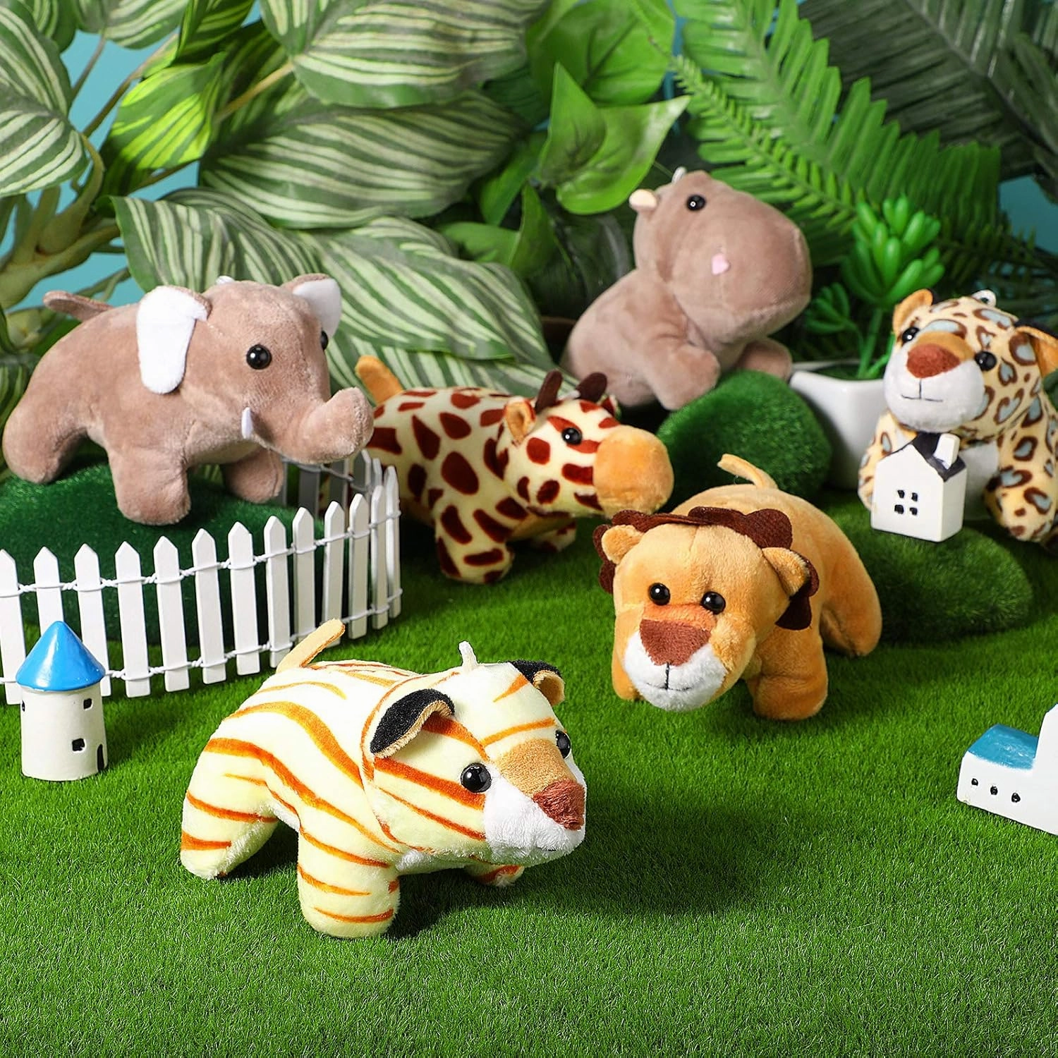 Sumind 12 Pieces Mini Stuffed Forest Animals Jungle Animal Plush Toys 4.8 Inch Cute Elephant Lion Giraffe Tiger Plush for Animal Themed Parties Achievement(Lying)