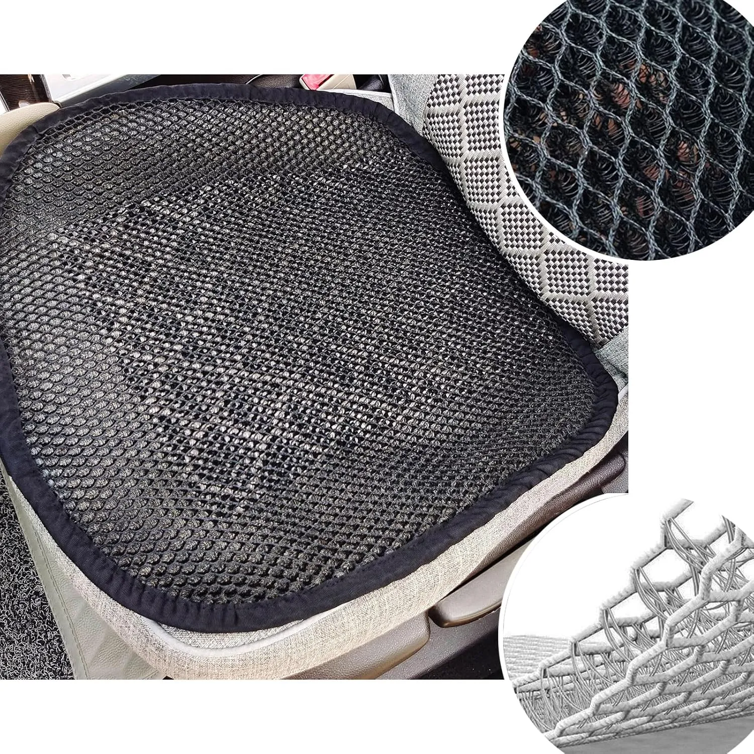Summer Cool 3D Air Mesh Breathable Car Seat Cushion Pad Universal Auto Cushion Cover Set Interior Accessories (Black, 1 Pack seat pad)