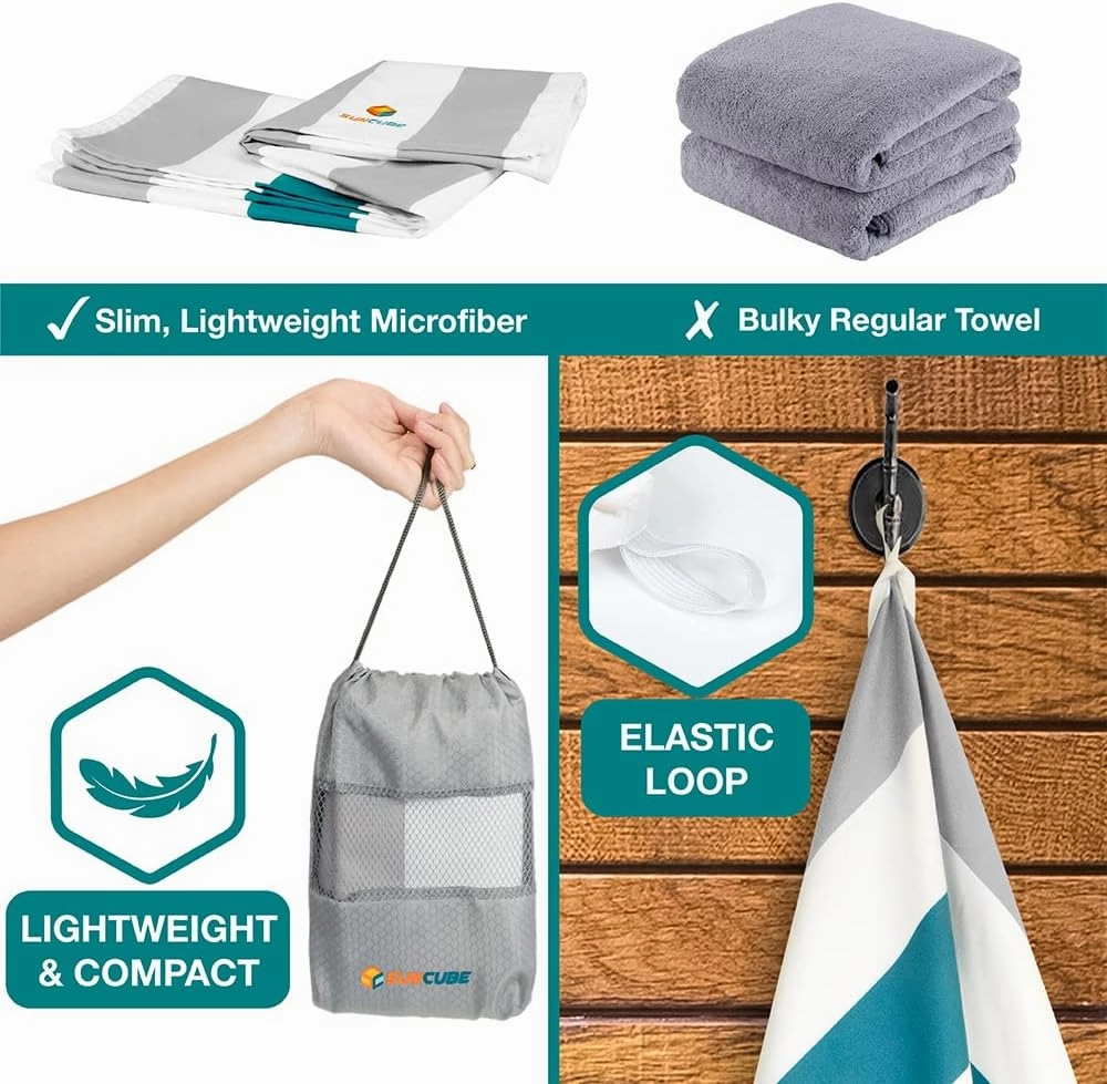 SUN CUBE Microfiber Beach Towel, Quick Dry Sand Free Beach Towel, Lightweight, Compact for Travel Swim Sports Camping, Packable Sand Resistant Towel Adult - Light Grey 78x35 Inches