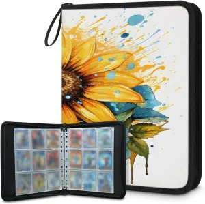 Sunflower Flower 3 Ring Trading Zipper Binder Strap, Trading Card Binder 4 Pocket, 400 Pockets Card Holder with 50 Removable Sleeves for Game Cards