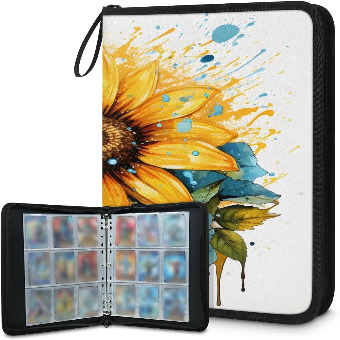 Sunflower Flower 3 Ring Trading Zipper Binder Strap, Trading Card Binder 4 Pocket, 400 Pockets Card Holder with 50 Removable Sleeves for Game Cards