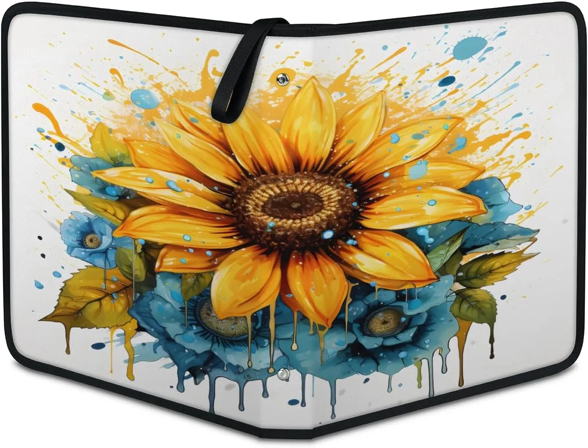 Sunflower Flower 3 Ring Trading Zipper Binder Strap, Trading Card Binder 4 Pocket, 400 Pockets Card Holder with 50 Removable Sleeves for Game Cards
